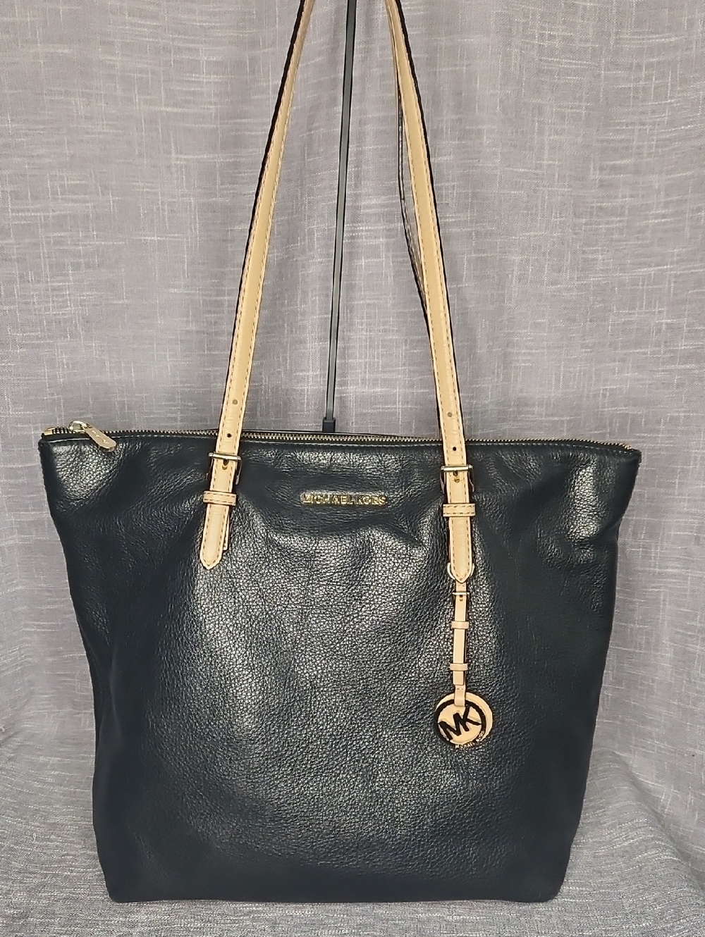 MICHAEL Michael Kors Black Leather Tote with Beige Straps and Gold Hardware